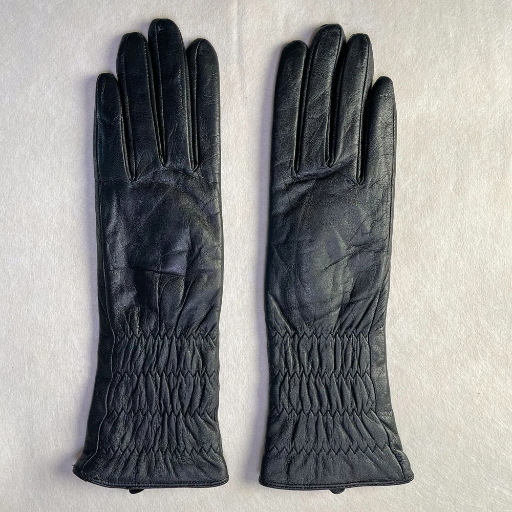 GOURS Winter Real Leather Gloves Women Black Genuine Goatskin Long Gloves Fleece Lined Warm Soft Fashion Driving New GSL020