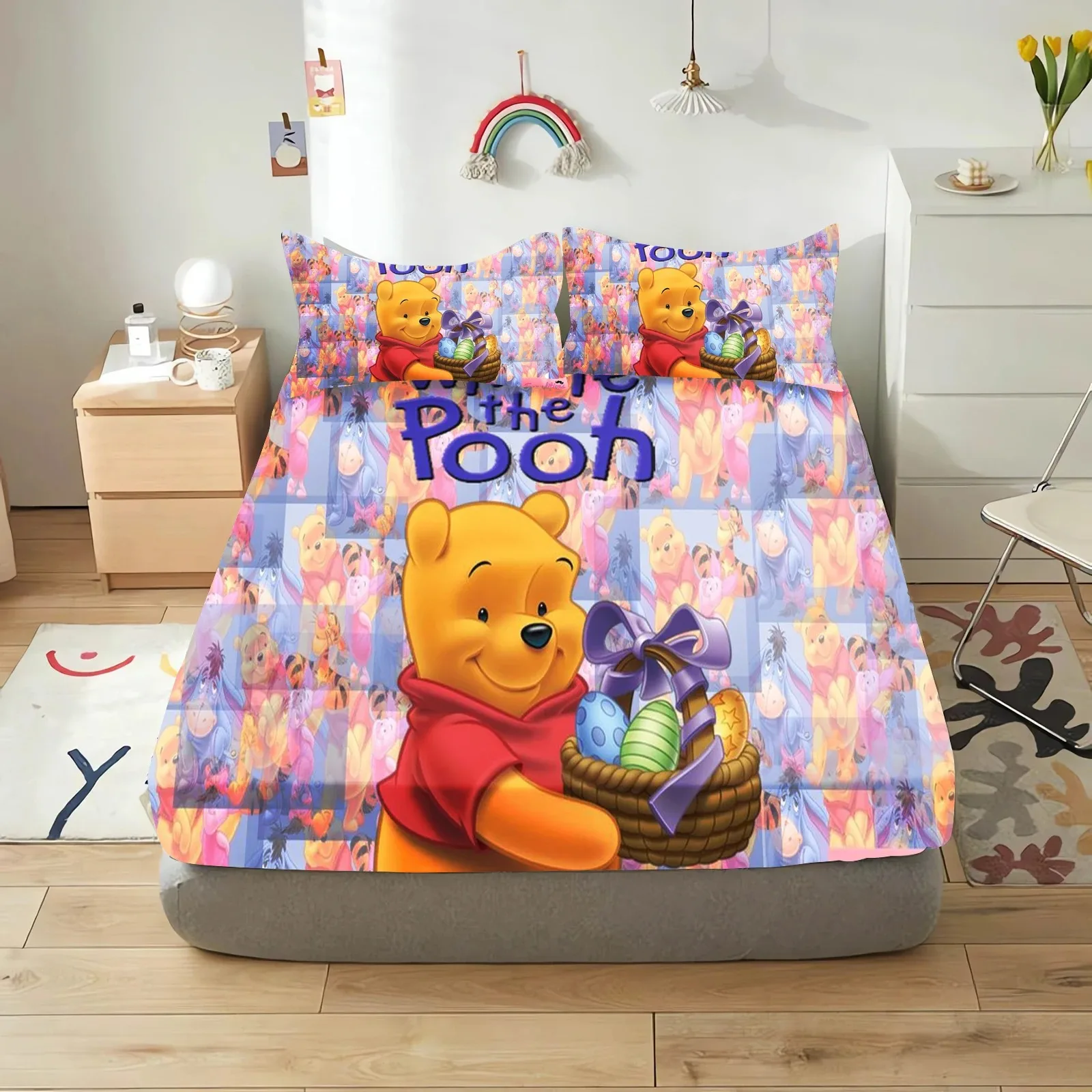 Spring Summer soft Fitted Sheet,Winnie The pooh Double bed sheets 90/120/150/180/200cm,non slip elastic rope bed sheets