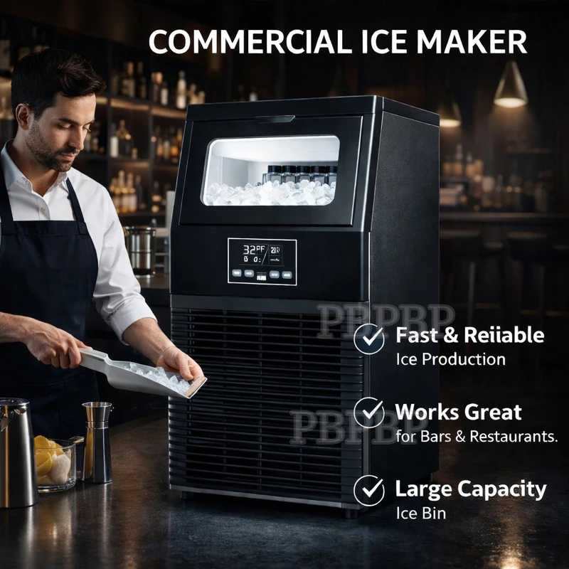 PBOBP Portable Ice Maker 50 lb. Daily, 40 Cubes in Under 12 Minutes - Compact Countertop Design - 3 Size Bullet Shaped Ice