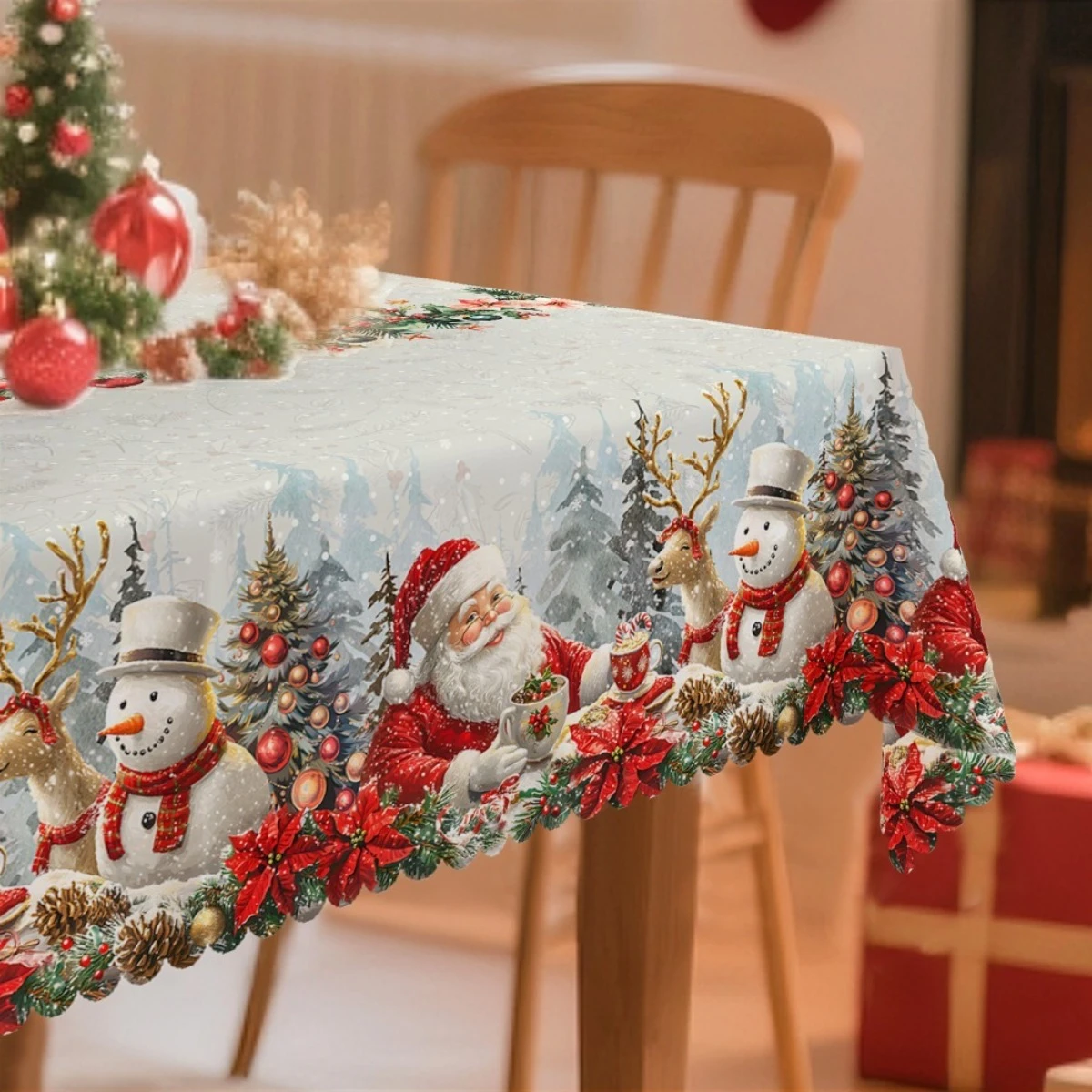 1pc  Christmas Vintage Santa Snowman Reindeer Winter Forest Tablecloth for Home Dining Room Party Decor