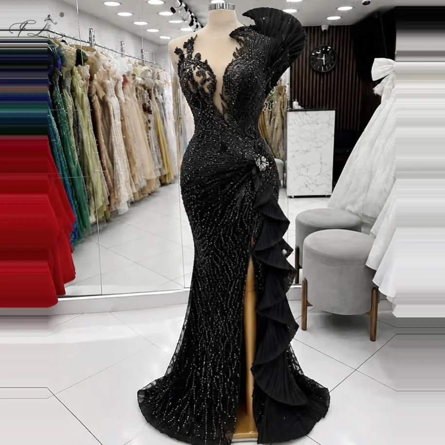 

Luxury Evening Dress Black Beading Layered pleated slit Dress Sexy V-neck Mermaid Dress Customizable Women's Party Prom Dress
