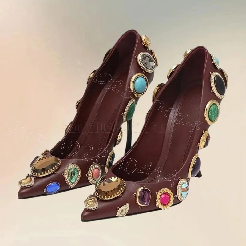 컬러풀 크리스탈 스톤 얕은 포인트 토 펌프스 슬립온 여성 신발 얇은 하이힐 파티 연회 데이트 2025 여성용 신발