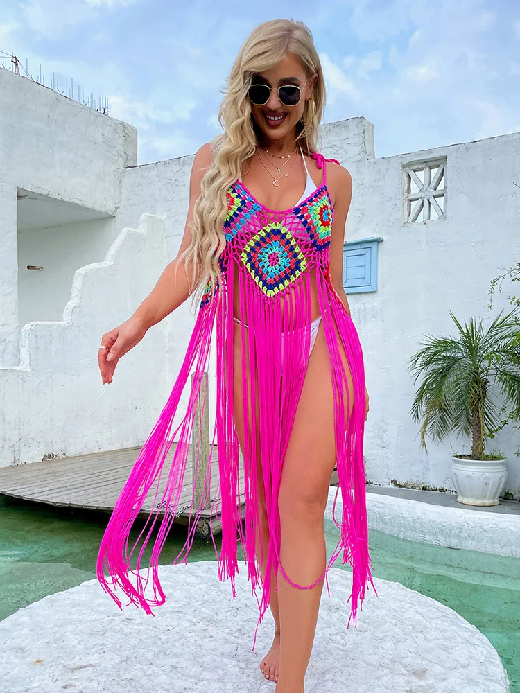 HÄKELN BIKINI Boho Cover Up Sexy Hohl Fringe Saum Strand Kleid 2023 Sommer Frauen Badeanzüge Bademode Tuniken Rock