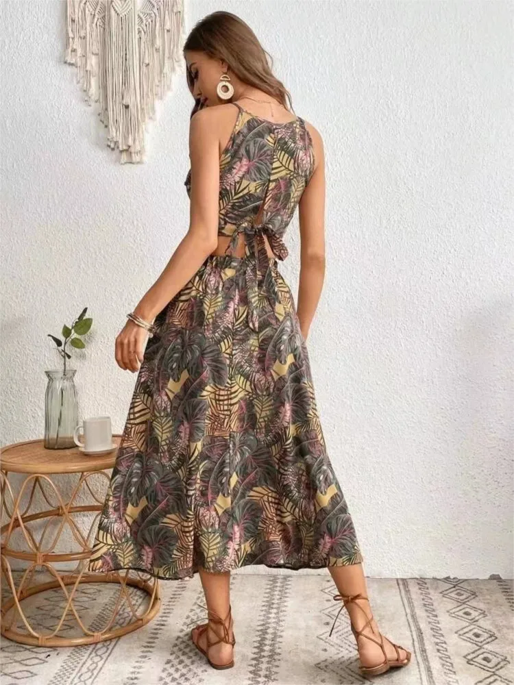 Conjunto de vestido estampado de duas peças para mulheres, top sem mangas com alças suspensas, fora da cintura, laço traseiro, sexy e elegante, novo para o verão