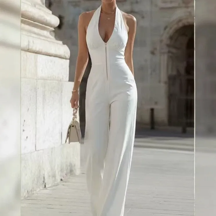 

Women's Elegant Halter Neck High Waist Flare Leg Jumpsuit Sleeveless Front Zipper Romper Solid White Long Pants For Woman