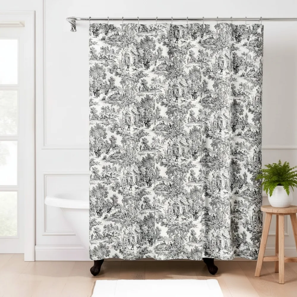 

Elegant Toile Shower Curtain, Black Cotton Bathroom Decor for Modern Homes