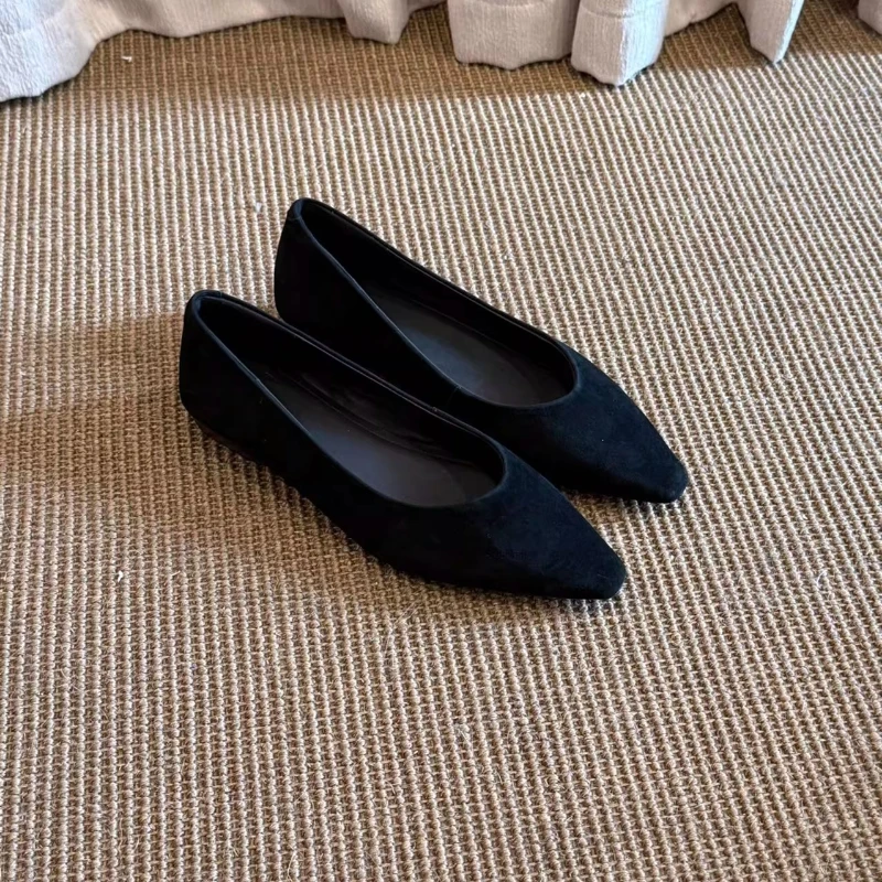 BANFANG Women's Shoes 2cm Retro Pointed Toe Genuine Leather Suede Soft Elegant Commute Versatile Female Casual Flat Shoes