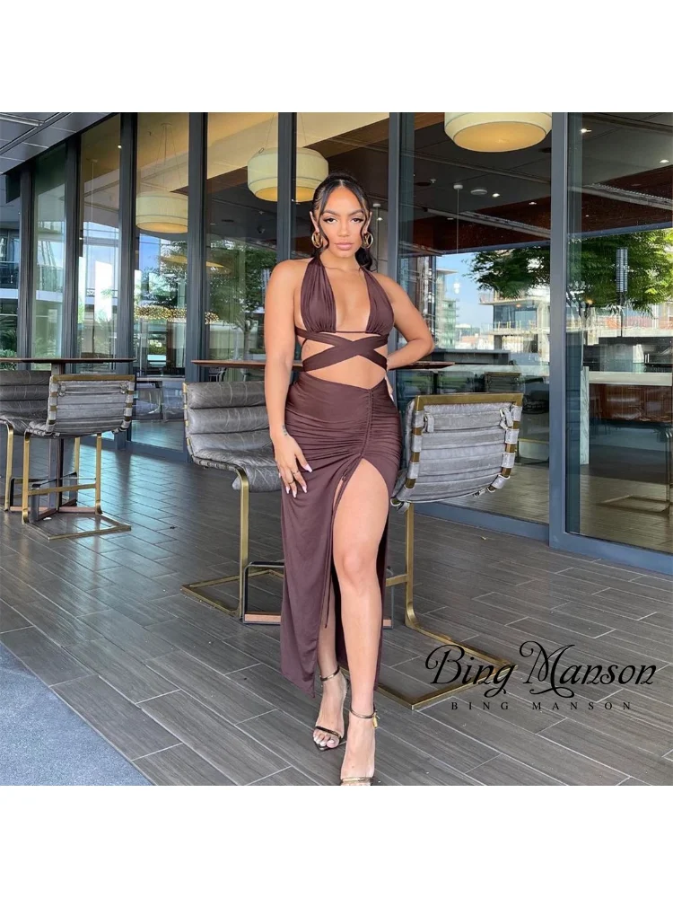 

Women's Winter New Fashion Trend Strap Hanging Neck Open Waist Slim Long Dress Two Piece Set Sexy Temperament Split Skirt Set