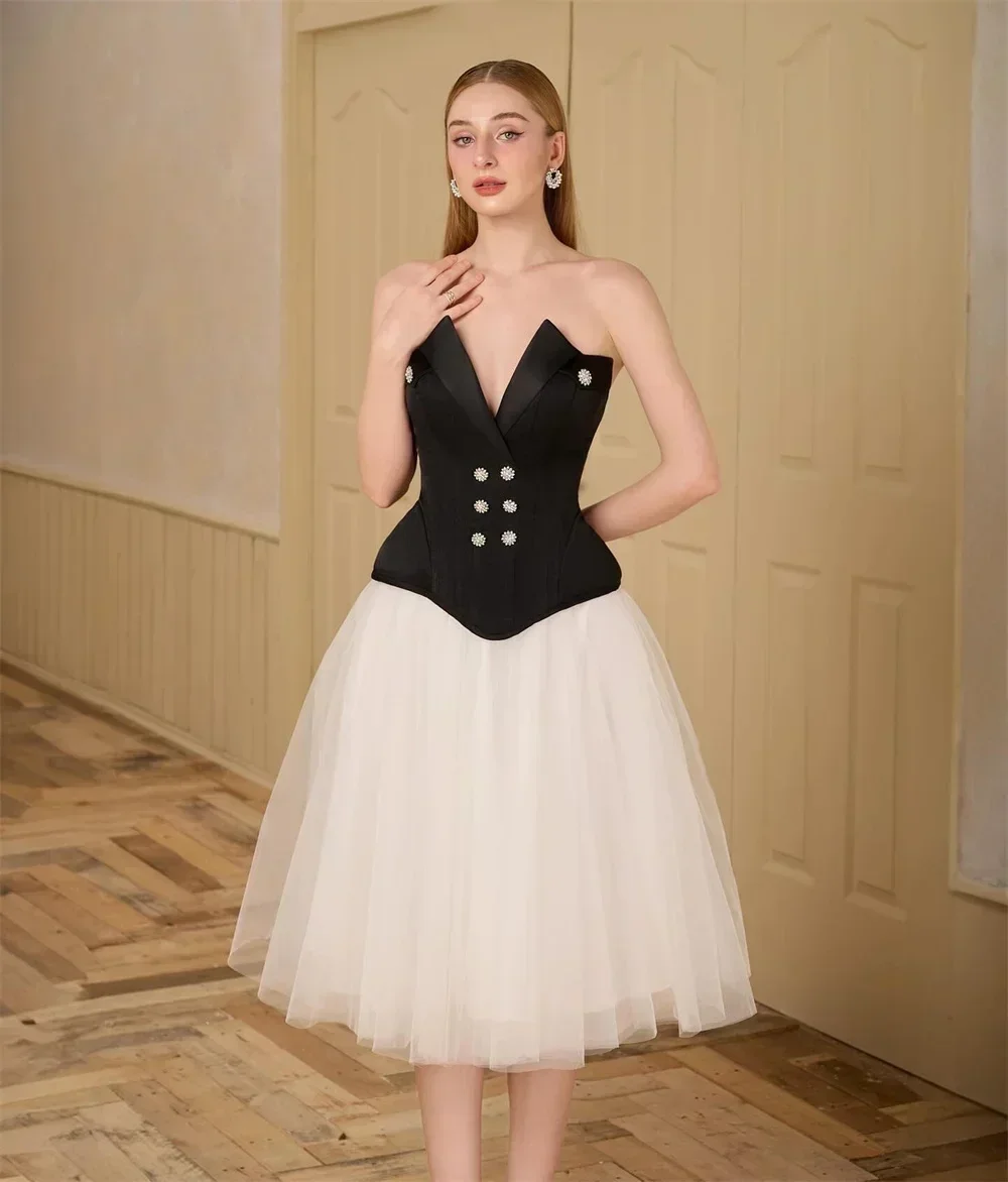 

Evening Dresses Tulle Button Pleat Draped A-line Strapless Knee Length Dress Cocktail Gown Prom Party Gowns for Women Customized