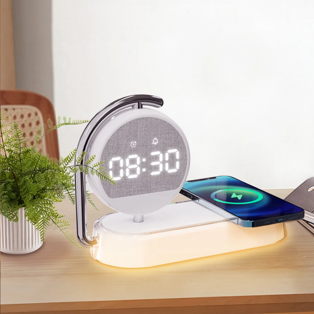 

Белый беспроводной зарядный светильник-часы с выключателем 360 ° Защита от перенапряжения встроенной батареи с функцией вращения