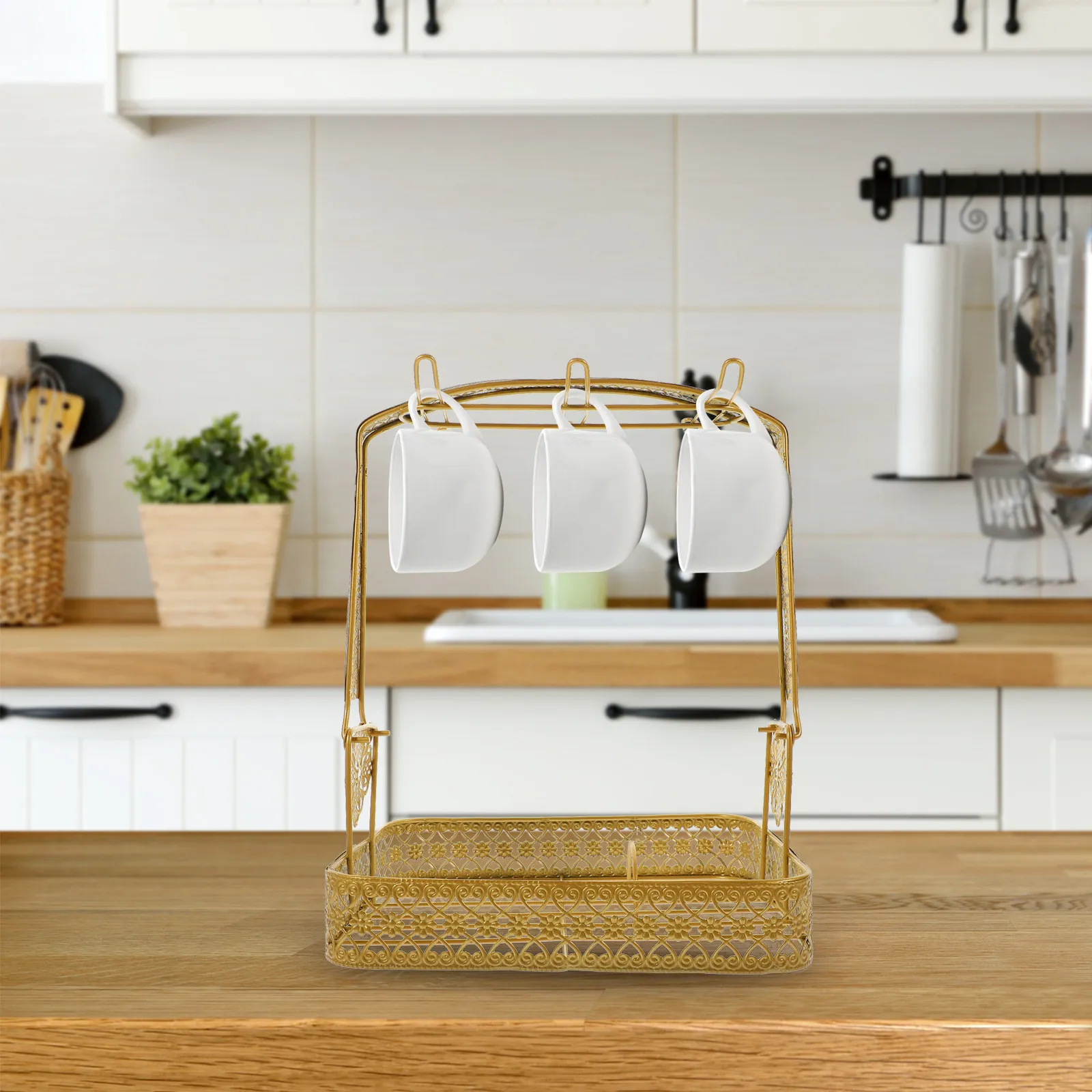 

Sturdy Iron Coffee Mug Holder Rack for Kitchen Countertop Tea Cup Storage Organizer Display Stand Mug Shelf Plate Holder