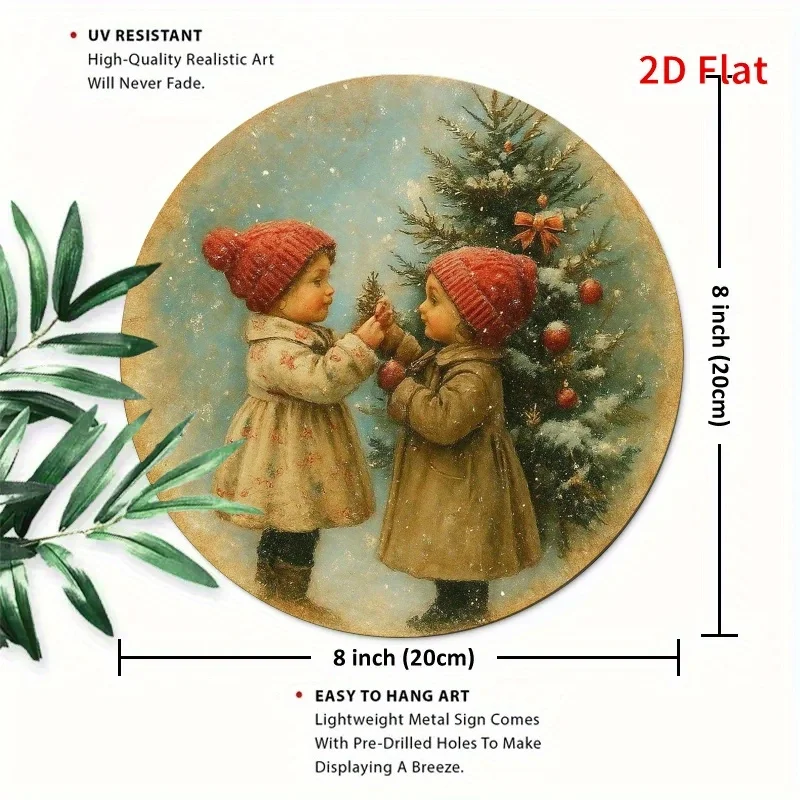 2D Flat Printing, 1pc, Two Children Decorating Christmas Tree Round Metal Sign, Wall Home Room Farmhouse Home Street, Shop, Gara