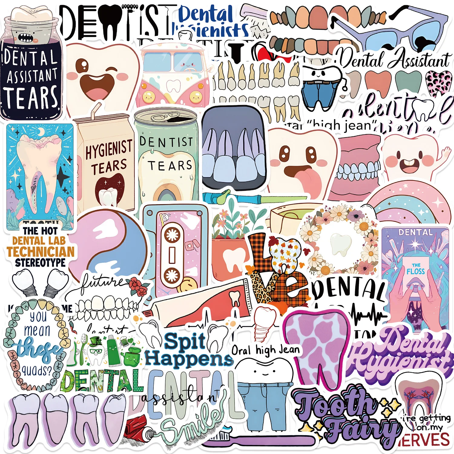 50pcs Dental Dentist Cartoon Graffiti Stickers DIY Phone Laptop Notebook Suitcase Waterproof Sticker Kids Toy Gifts