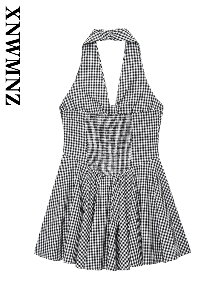Xnwmnz 2025 verão nova senhora clube simples ombro sem costas vestidos sexy mulher sem mangas halter em camadas vestido moda midi