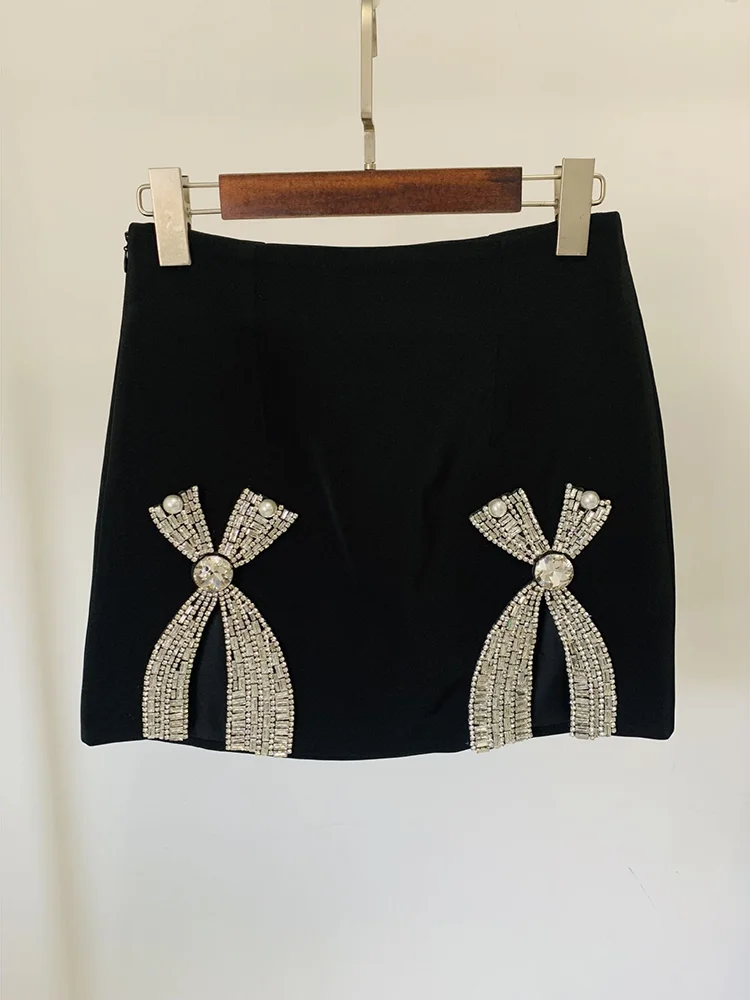 HIGH STREET Newest 2024 Designer Runway Suit Set Women\'s Luxurious Diamonds Beaded Short Blazer Skirt Suit