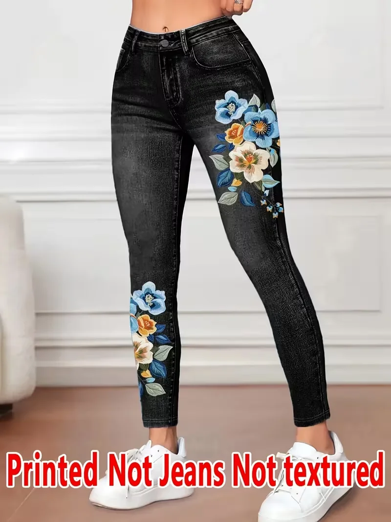 Women Printed Leggings Not Denim Fabric, Fake Pocket & Button Print Design Pants, High Elastic Fashion Slim Fit Skinny Casual