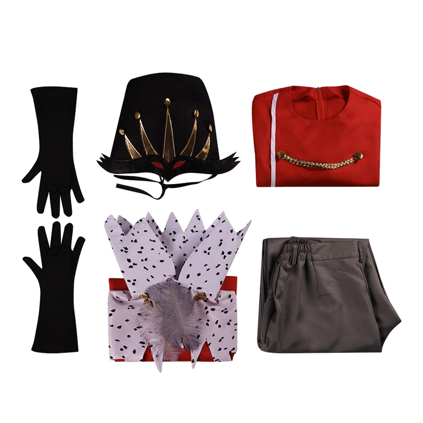 Helluva bodiStolas Cosplay Costume pour hommes adultes, pantalon gris Everak imprimé, uniforme de fête de Noël et d'Halloween, gants et chapeau