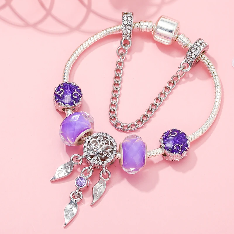 Dream Purple Dream Catcher Fantasy Charm Bracelet With Pendant Fit Jewelry Gift DIY Silver Plated Bracelet Making For Women