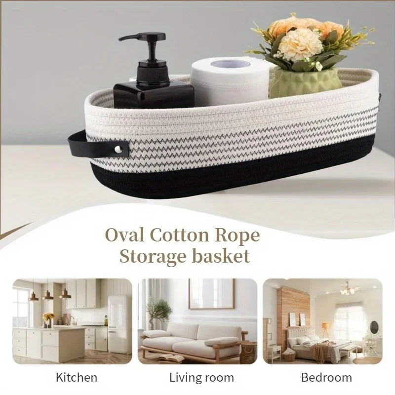

Овальная корзина для хранения из хлопчатобумажной веревки с кожаными ручками, органайзер для игрушек для ванной комнаты, тканая корзина для домашнего детского шкафа