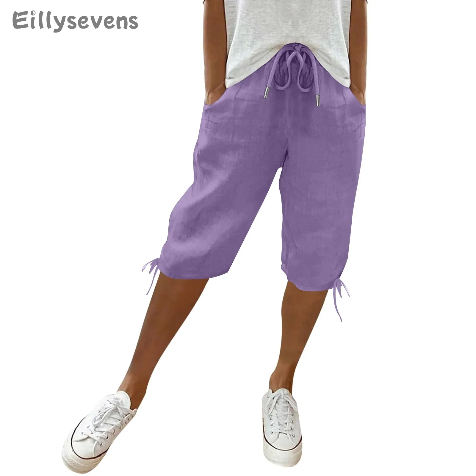 

Women's Cotton and linen shorts Casual Pockets Elastic Drawstring Casual cozy Pants Leg Drawstring Five Pants pantalones cortos