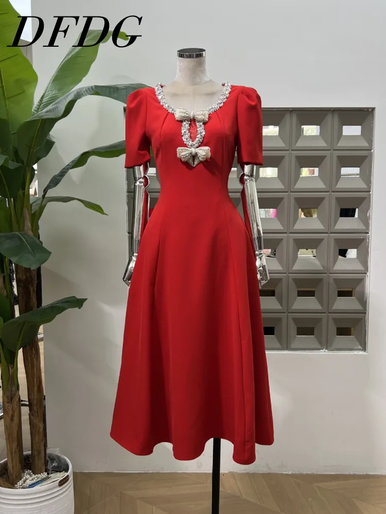 

DFDG Women’s Solid Color Elegant Bubble Sleeve Evening Gown High Waist Luxury Embroidery Evening Dresses Spring Summer 2025