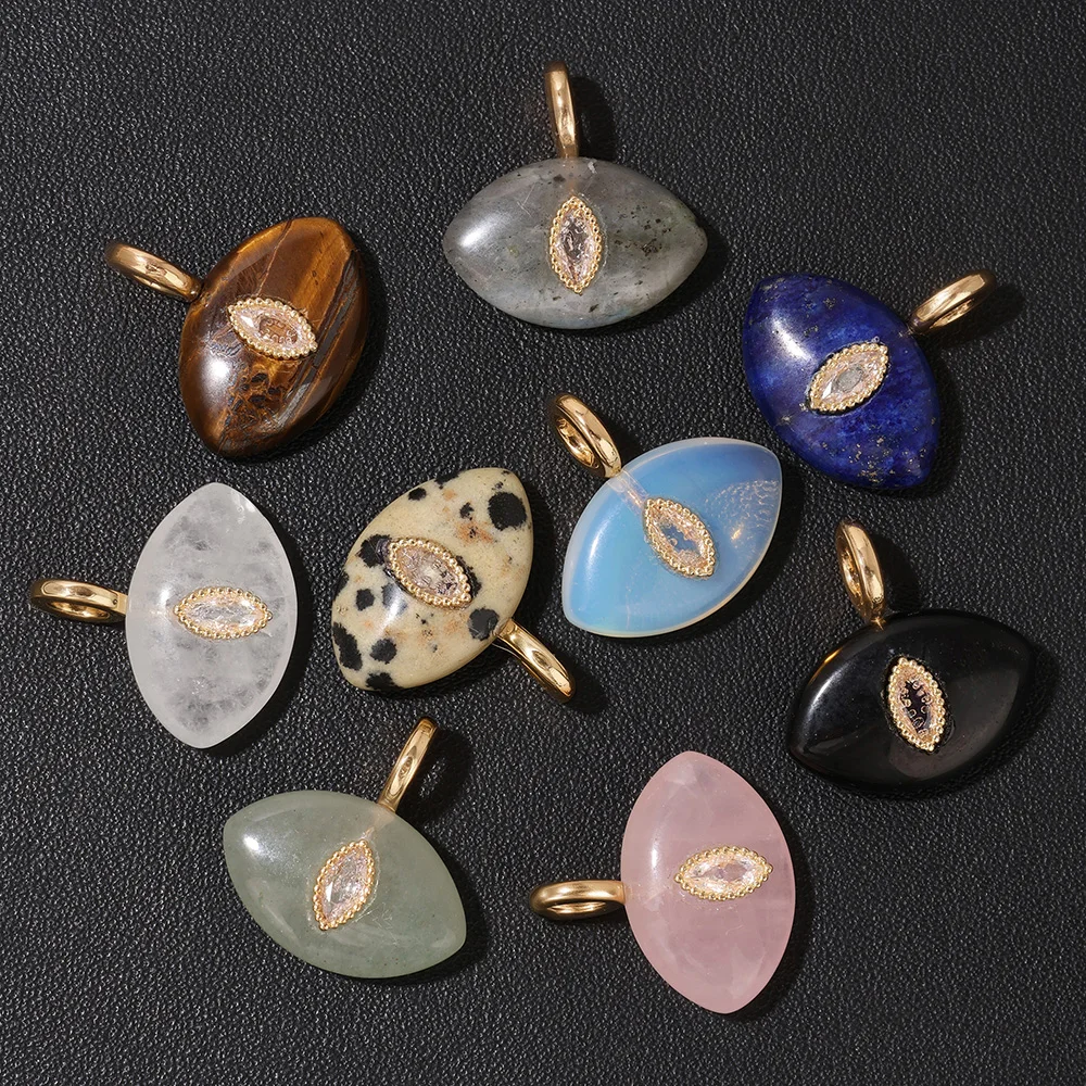 1PC Natural Stone Evil Eye Charm 13x20mm Polished Rose Quartz Tiger Eye Pendant Inlaid CZ for DIY Jewelry Making Lucky Amulet