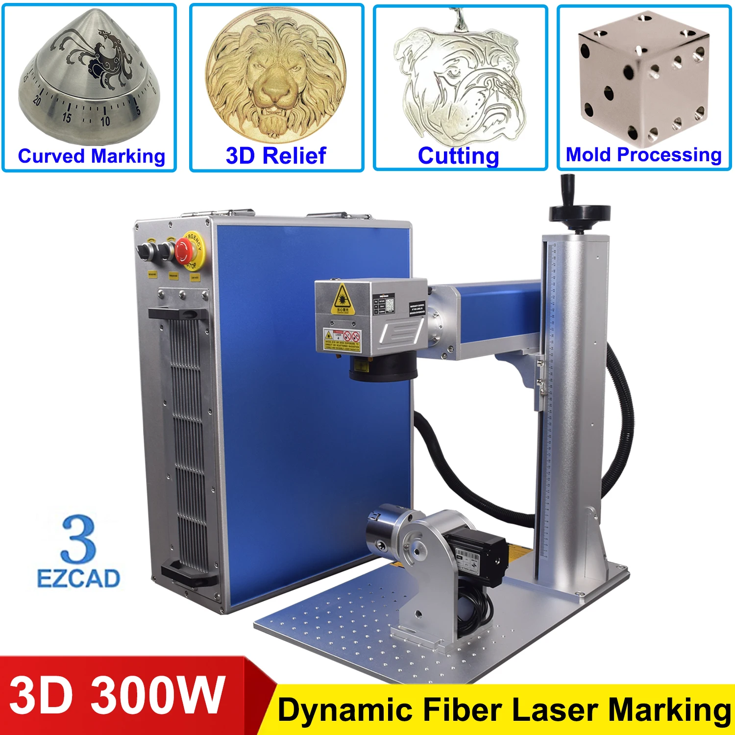 3D 300W JPT Mopa Fiber Laser Marking Cutting Machine 3D Relief Deep Engraving Dynamic 3 Axis Laser Engraver for Metal Jewelry