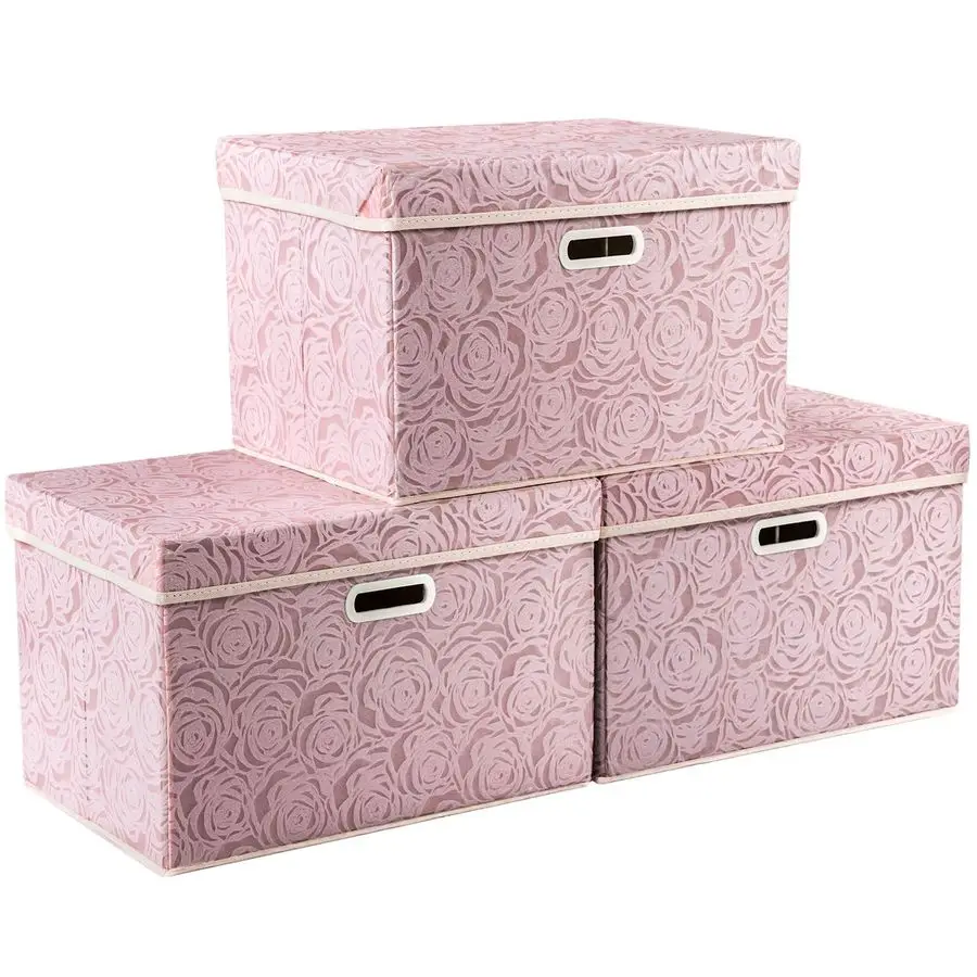 

Larger Collapsible Storage Boxes with Lids Fabric Decorative Bins Cubes Organizer Containers Baskets Handles Divider for Bedroom