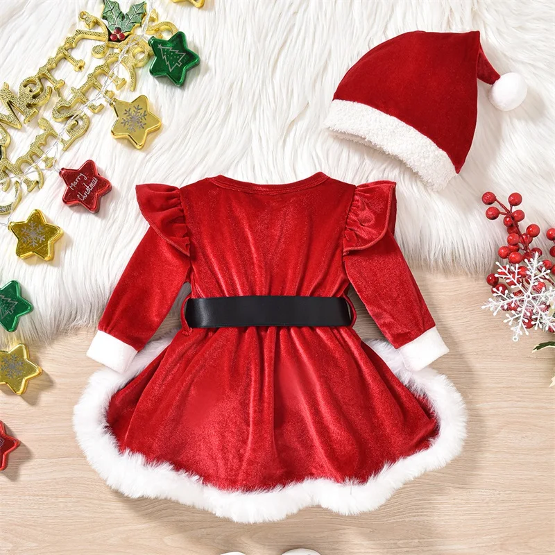 Baby Girls Velvet Romper Dress Terry Trim Long Sleeve Santa Jumpsuit Christmas Hat Adorable Outfits