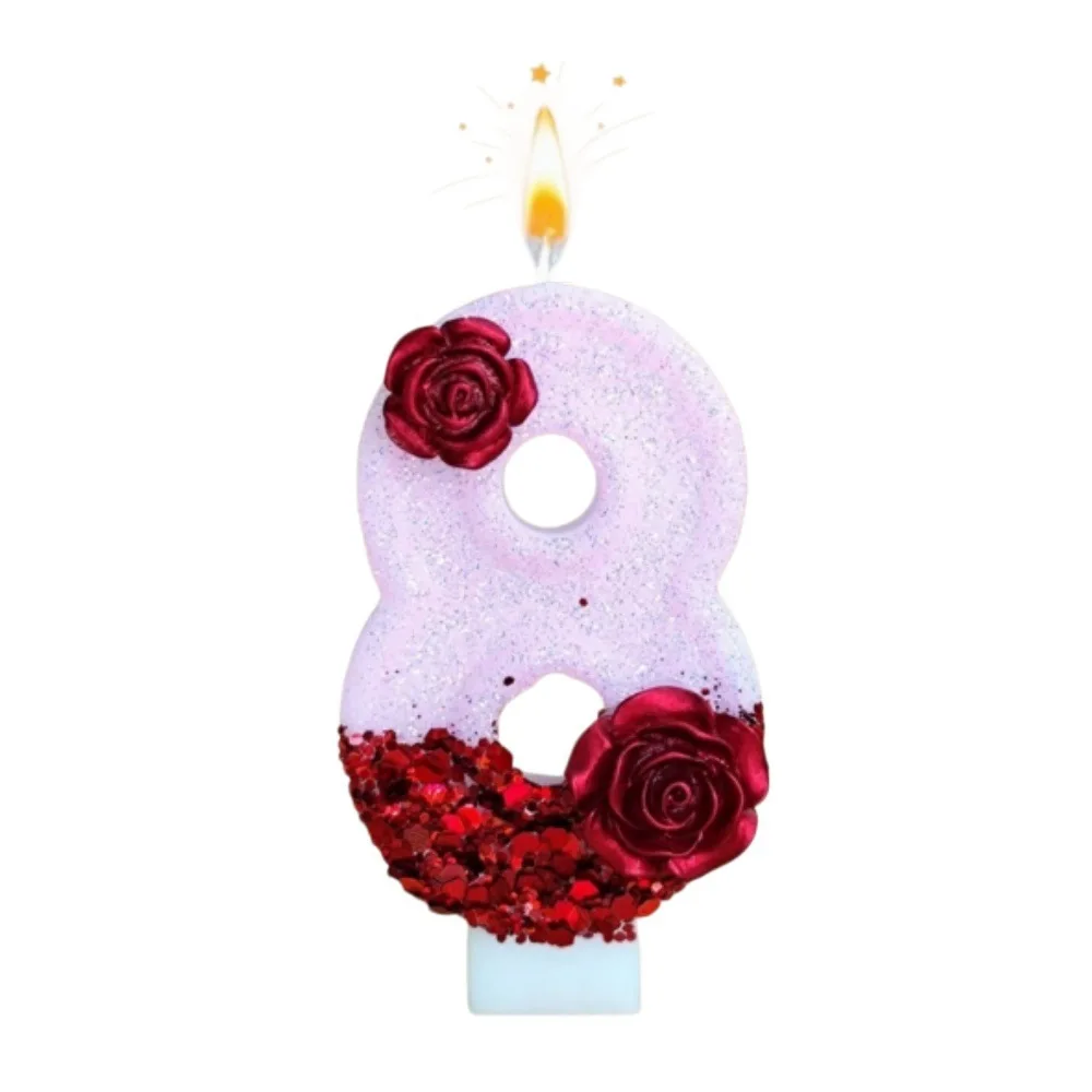 Number Pink Glitter Red Rose Flower Birthday Candle 0 1 2 3 4 5 6 7 8 9 3D Number Candle Cake Topper Birthday Party Cake Decor view 4