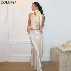 2 Piece Sets Women Outfit Luxury Elegant Satin Evening Party Outfit Halter Top And Long Skirt Co ord Sets For Women