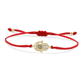 Czarno-biała bransoletka z cyrkoniami i kryształem Hamsa Ręka Fatimy Kobiety Pozłacany mosiądz Czerwony sznurek Czarny sznurek Biżuteria Jej