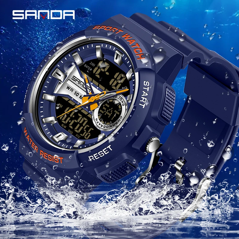 2023 Fashion Sanda Top Brand Multi Functional Dual Display Wrist Watches Men Sports Watch Timer Alarm Clock Shockproof Luminous