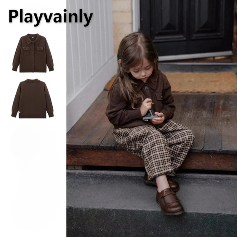 

Весенне-осенняя детская одежда, темно-коричневые однобортные пальто с отложным воротником и длинными рукавами для мальчиков и девочек, модная верхняя рубашка в стиле ретро A5325