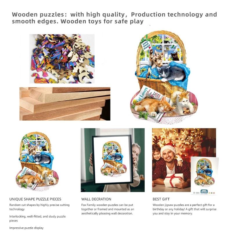 ปริศนาไม้รูปทรงแปลกตา แมวในตะกร้า ของเล่นปริศนา เกมครอบครัว ของตกแต่งบ้าน ของขวัญคริสต์มาส วันขอบคุณพระเจ้า ปีใหม่