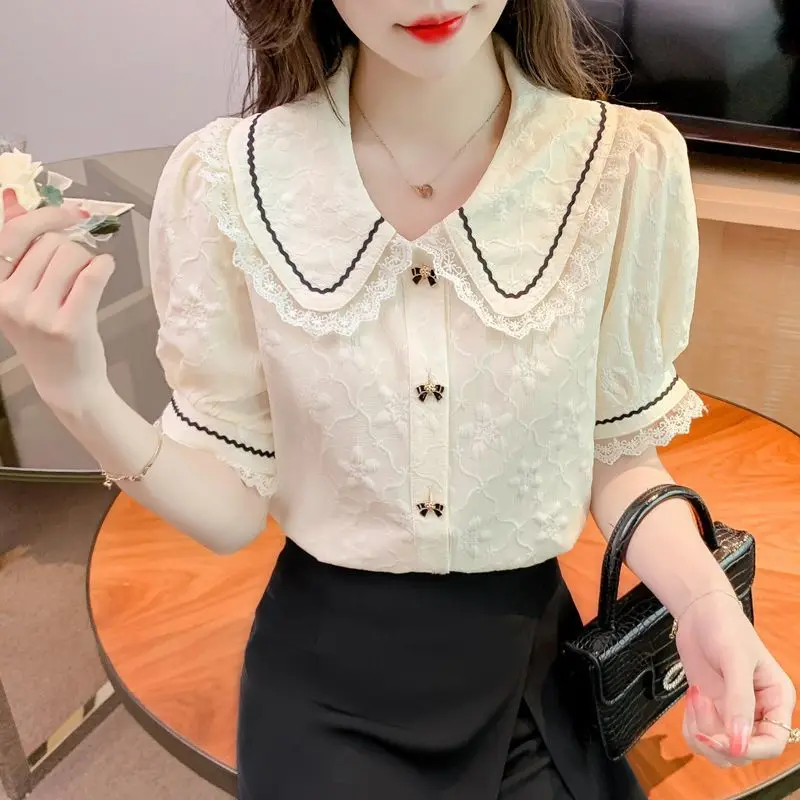 Summer Women\'s Pullover Solid Color Chiffon Button Lace Patchwork Short Sleeve Peter Pan Collar T-shirt Elegant Casual Tops