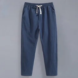 Pantalones cortos de lino de verano para hombre, pantalones sueltos de pierna recta, pantalones finos de lino de algodón, pantalones largos de tendencia, talla 5XL