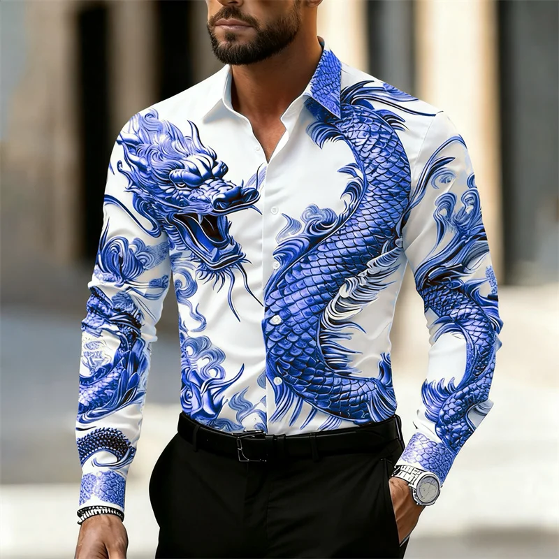 เสื้อเชิ้ตผู้ชายแขนยาว ลายมังก - Street Fashion In Chinese บทวิจารณ์และราคา
