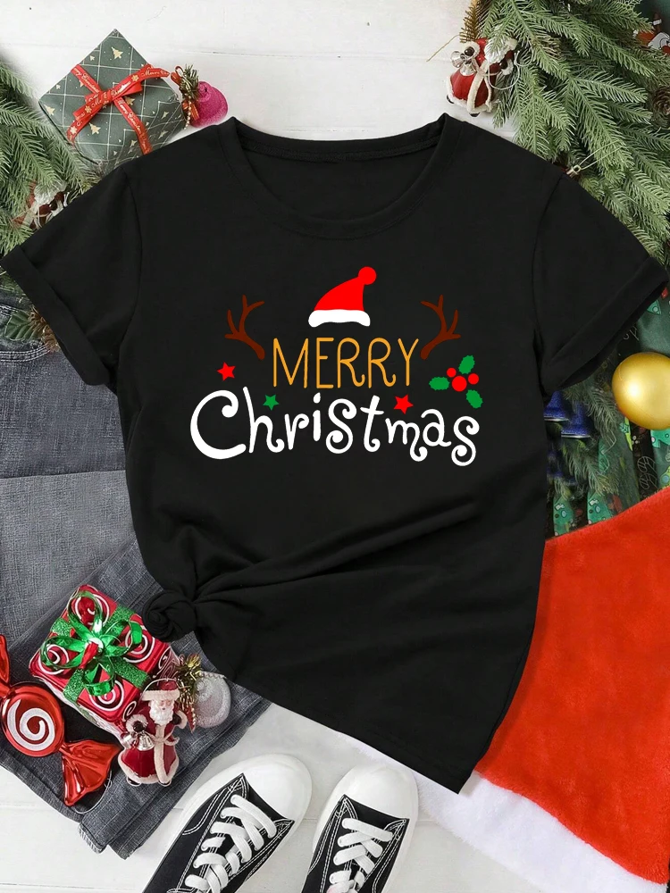 

Funny Cartoon Letter Print Women's T-Shirt Casual O-neck Loose Top Merry Christmas Short Sleeve Tee Fashion Trend X'mas Clothing