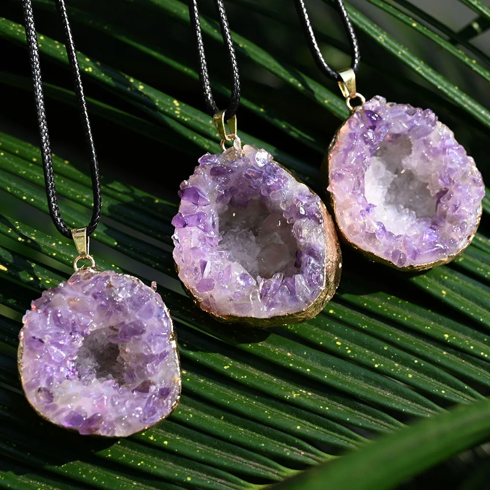 24pcs/lot Natural Crystal Cave Crystal Cluster Inlaid With Amethyst Energy Healing Jewelry For Women Wholesale