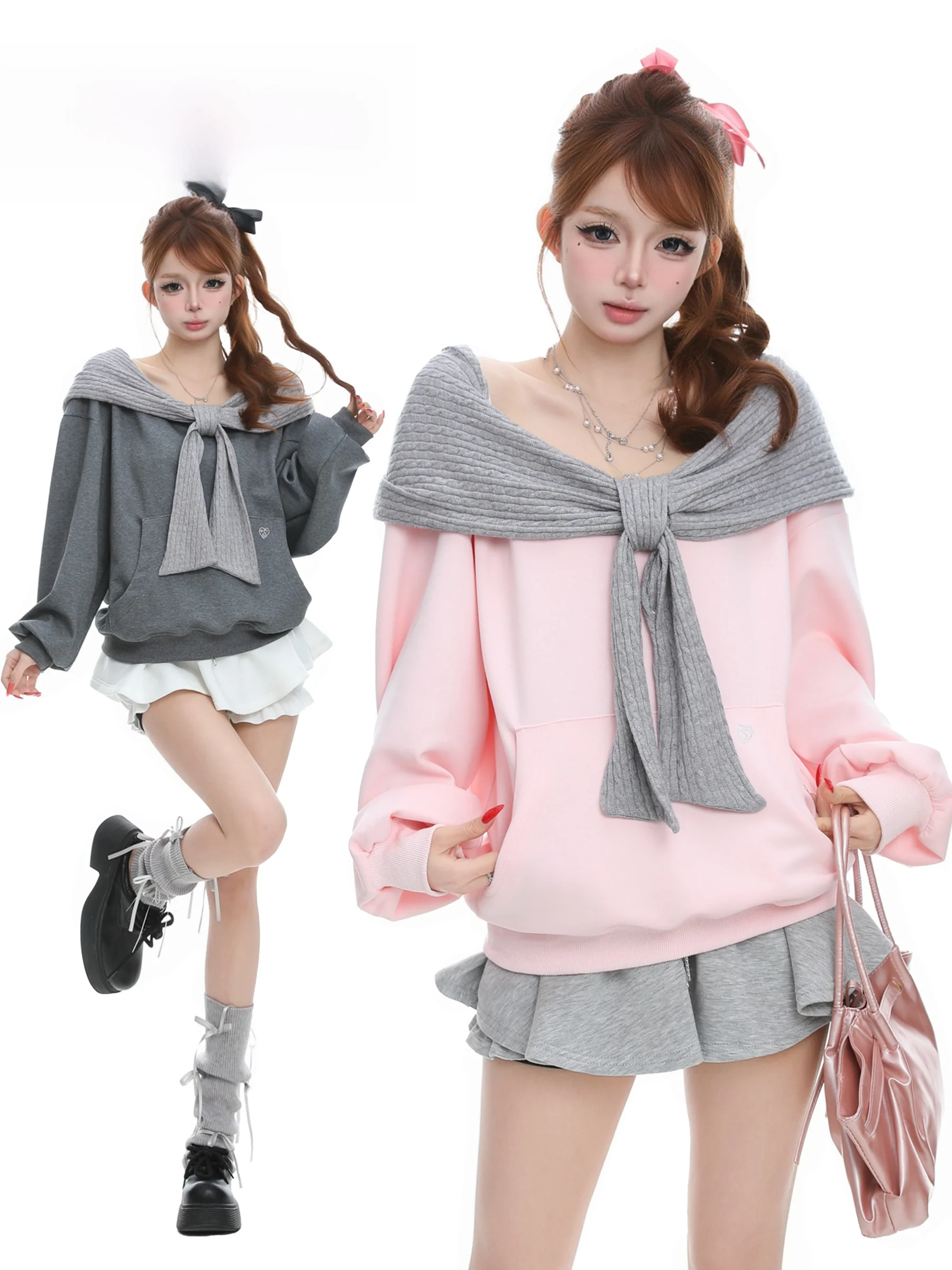 

BASTERDS Korean Style Color Block Hoodie Women's Loose Fit Slimming Shoulder Knot Spring Casual Top