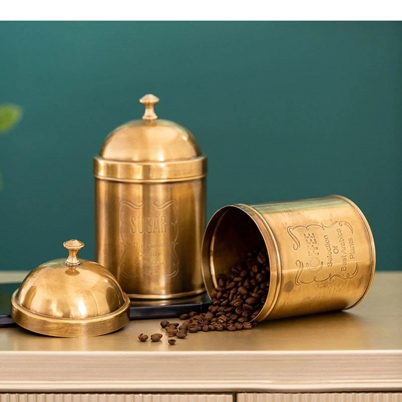 Golden Brass Storage Jars and Lids Tea Canister Coffee Cans Candy Pots Desk Decoration Crafts Jewelry Jar Cosmetic Containers