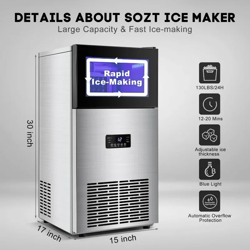 Commercial Ice Maker Machine 130LBS/24H with 35LBS Storage Bin, Stainless Steel Undercounter/Freestanding Ice Cube Maker