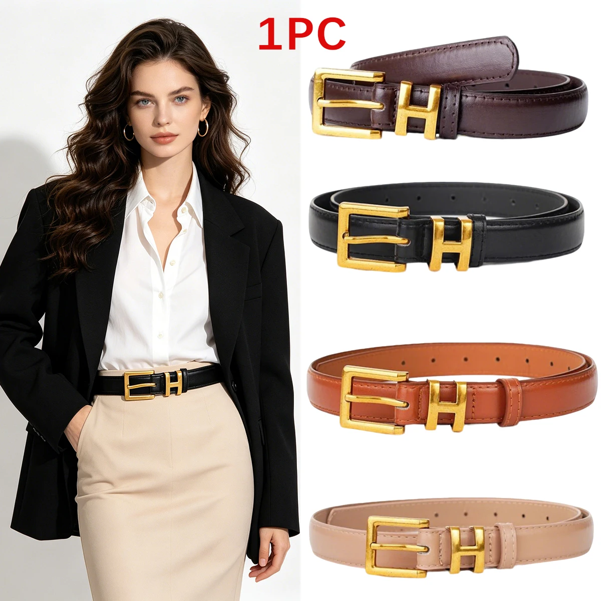 1 women's thin synthetic leather belt, H-letter gold metal needle buckle belt, suitable for formal pants
