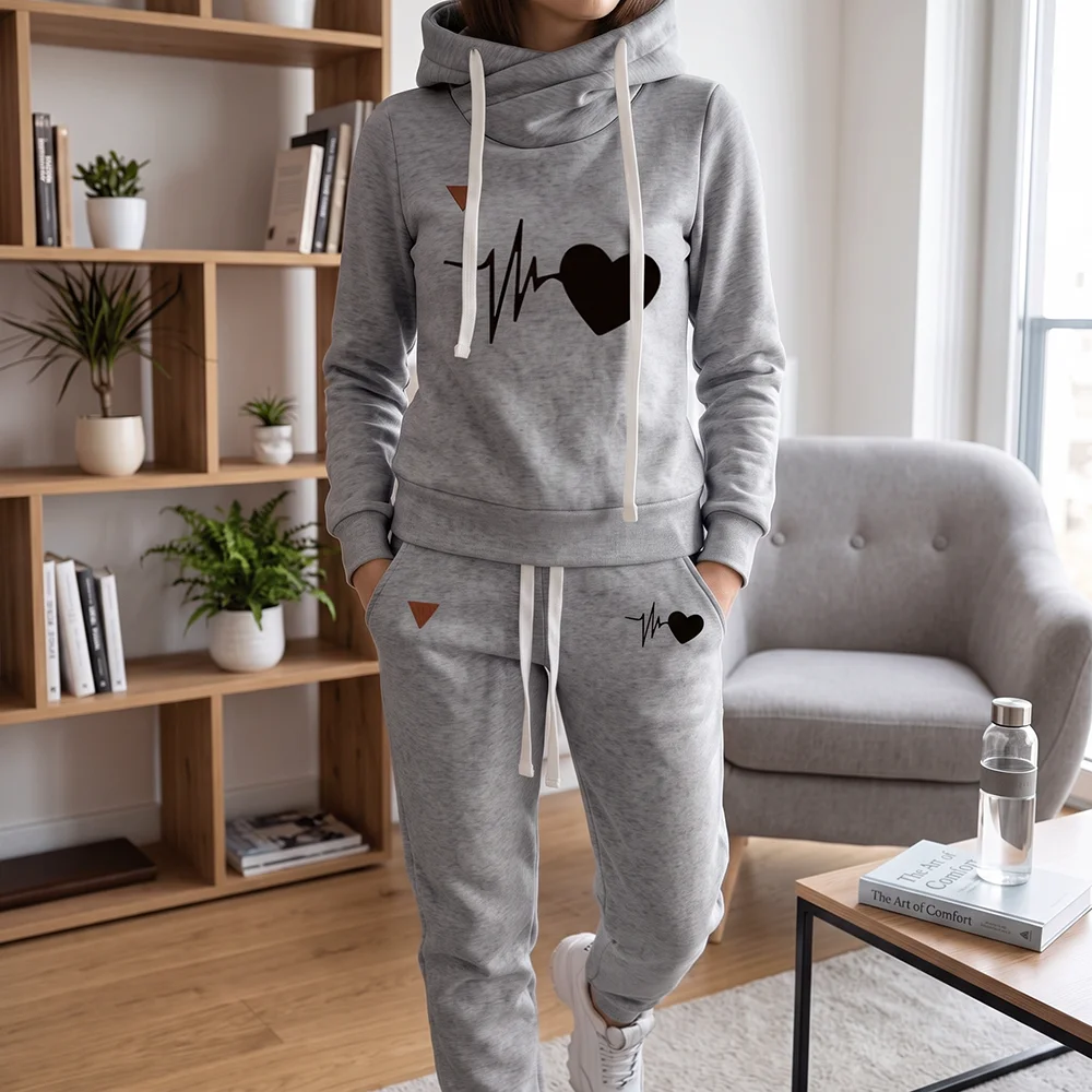 Winter Warm 2 Piece Set Women Fleece Tracksuit Heart Print Pullover Hoodie and Sweatpants Casual Sportswear Jogger Matching Outf - view 5