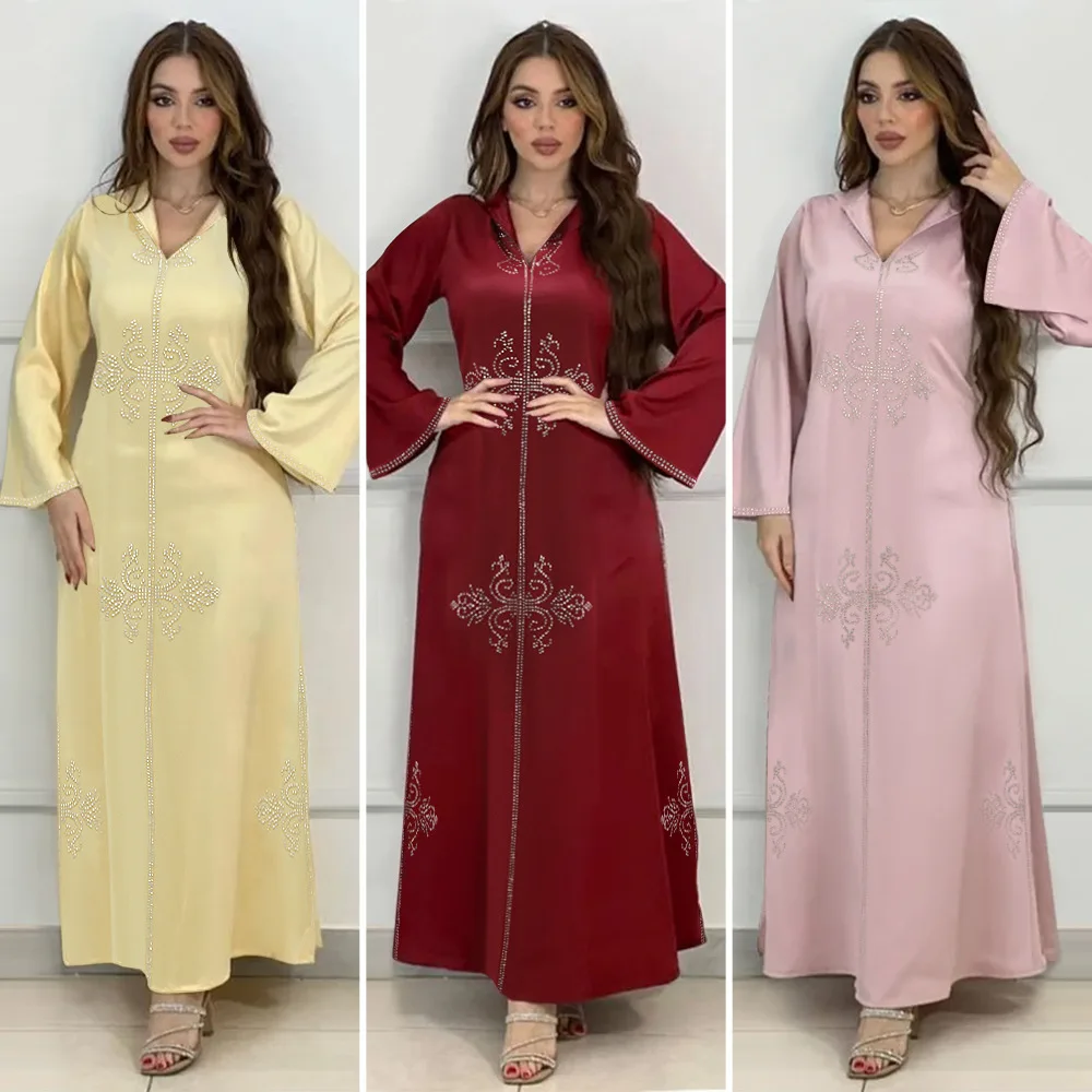 Marokańska Djellaba Luksusowe Diamenty Abaya Kobiety Muzułmańskie Eid Sukienka Maxi z kapturem Turcja Dubaj Suknia Wieczorowa Islam Impreza Jalabiya Caftan