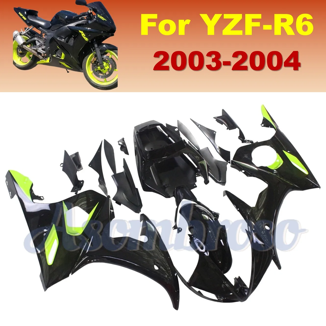 

For Yamaha R6 2003 2004 2005 Bodywork Fairing Kit ABS Plastic Full Panels | Gloss Black & Fluorescent