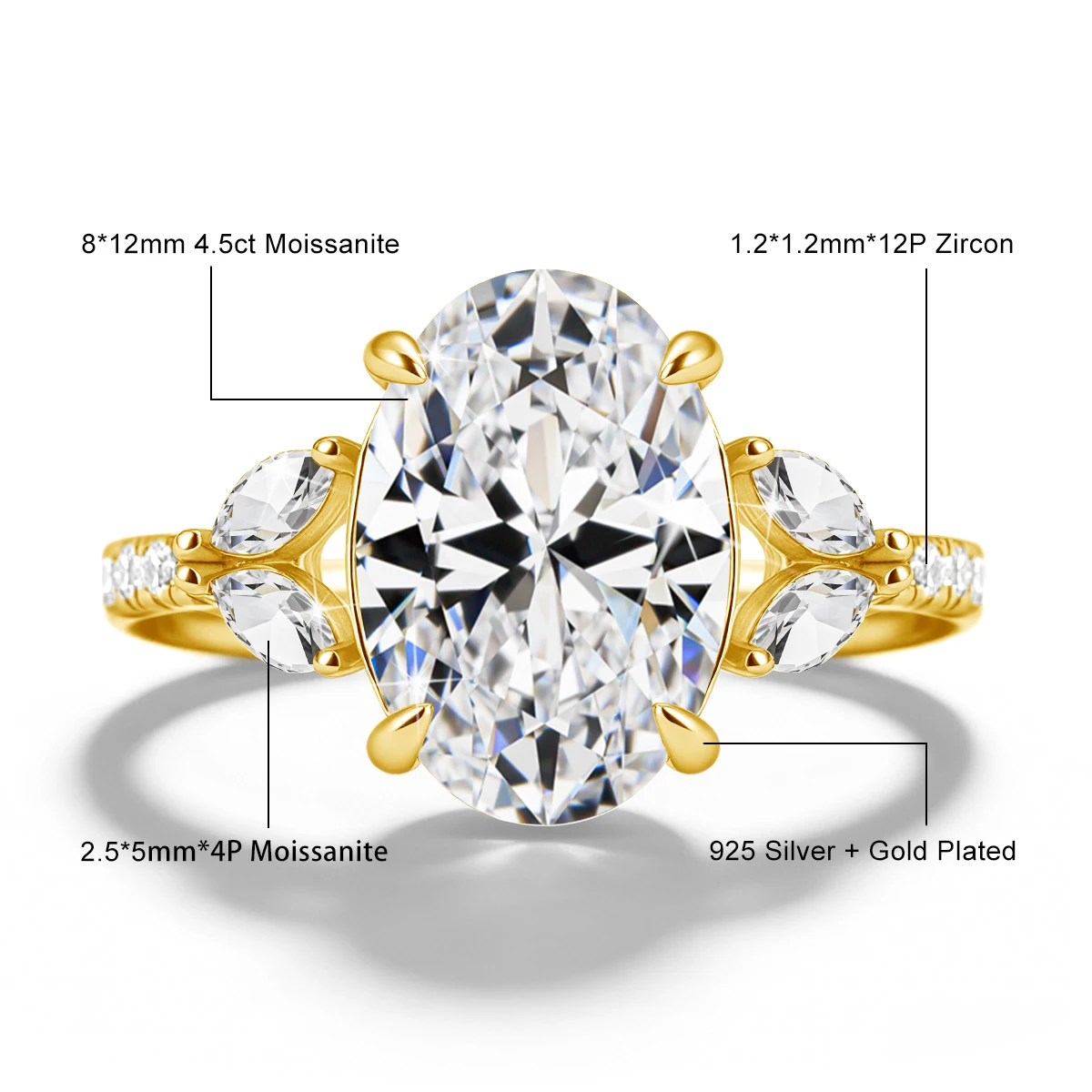925 Sterling Silber Prächtiger 4,5 Karat Ovaler Moissanit-Ring für Damen, Marquise Kubikzirkonia Hochzeits- und Versprechensringe, Jubiläumsring – Detail 1