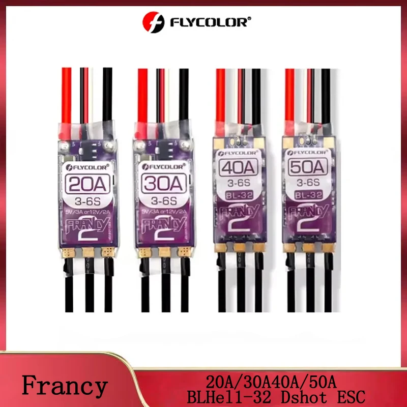 

FLYCOLOR Francy 2 20A/30A/40A/50A BLHeli-32 Dshot ESC — высокопроизводительный микроконтроллер | Регулируемый BEC 5 В/3 А+12 В/2 А для радиоуправляемых самолетов