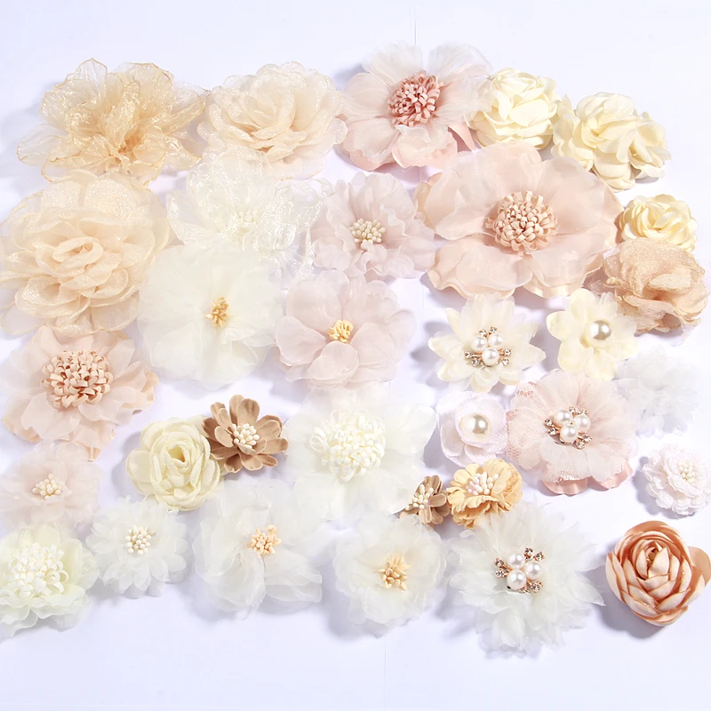 20Pcs Ivory Cream Series Camellia Rose Chiffon Craft Fabric Flowers For Headbands Hair Flower Accesorries Baby Headwear